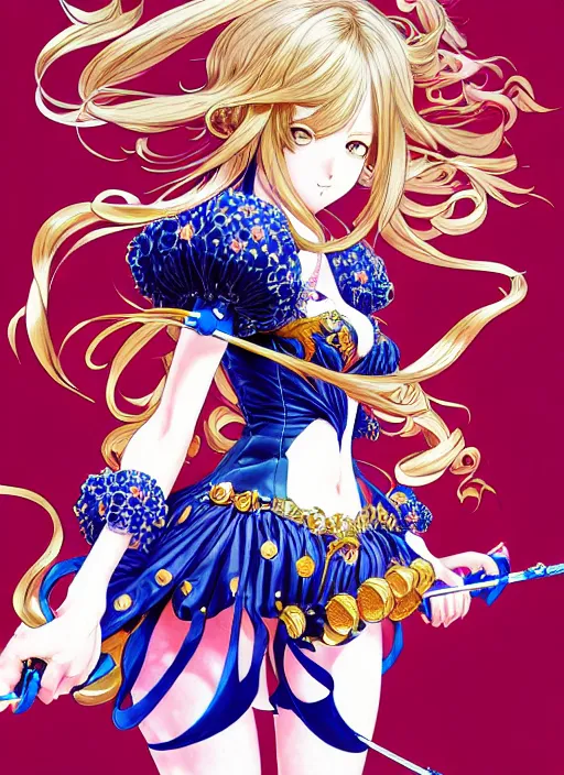 Image similar to exquisite imaginative fate manga poster of princess, long curl hair, armor, ruffles, by katsuhiro otomo, shigenori soejima, minaba hideo, jump comics, fluorescent, illustration, artstation, dark fantastic, highly detailed, 8 k, maximalist