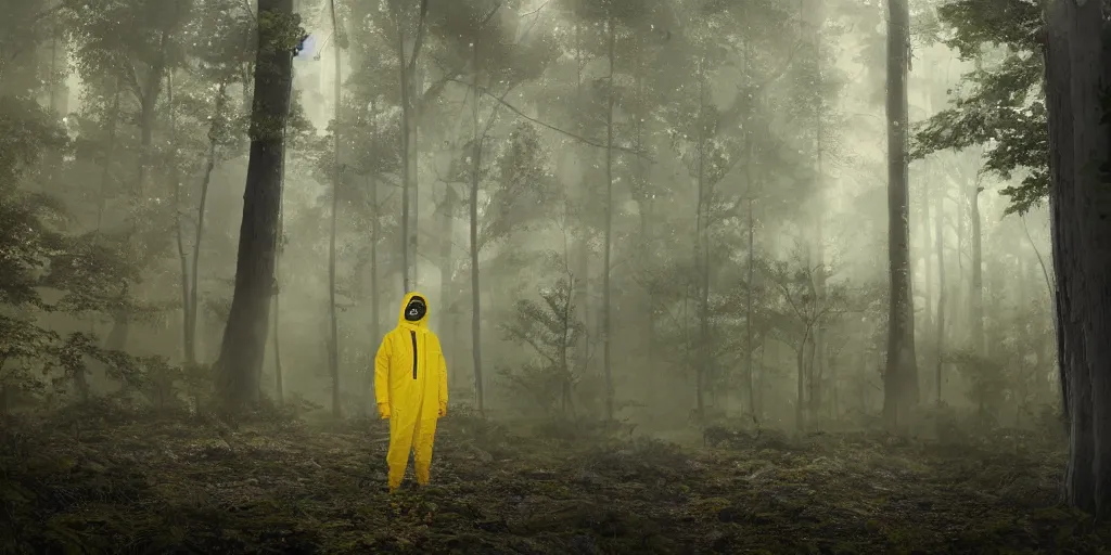 Image similar to a mysterious man in a yellow hazmat suit stands in a detailed fantastic forest, painting, concept - art, rendering, octane, redshift, cinematic composition, volumetric lighting