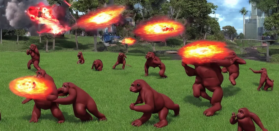 Image similar to intergalactic hotdog battlecruisers are attacking peaceful gorilla families in the city park, daytime, beautiful, families running in fear for their lives, hyper realistic, high definition, highly detailed