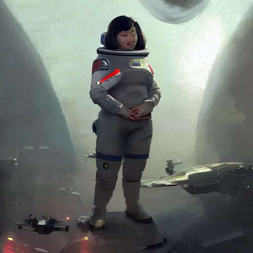 Prompt: a space colonist from china, female, chubby, brilliant and uptight, sci fi character portrait by Greg Rutkowski, Craig Mullins