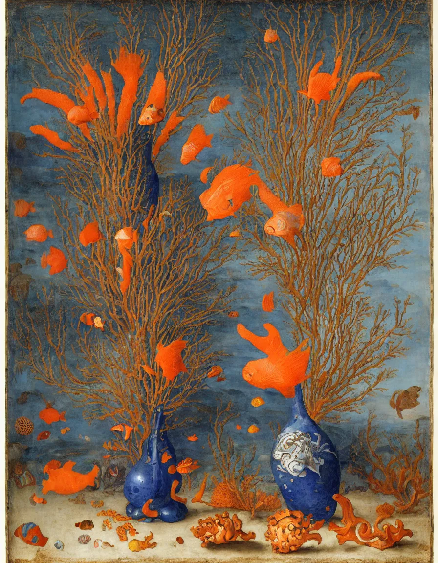 Image similar to bottle vase of coral under the sea decorated with a dense field of stylized scrolls that have opaque outlines enclosing mottled blue washes, with orange shells and purple fishes, ambrosius bosschaert the elder, oil on canvas