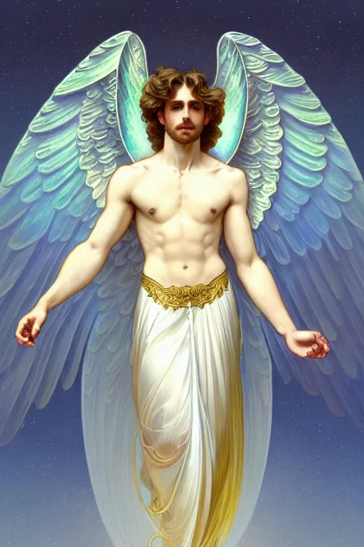 Prompt: fullbody portrait of a beautiful young fit male angel with curly blond hairs, soft smile, closed eyes, blessing palms, dressed in long fluent skirt, majestic symmetrical eagle wings, luminous halo, by greg rutkowski and alphonse mucha, gradient white to gold, in front of an iridescent background, highly detailed portrait, digital painting, smooth, glowing outline, focus illustration