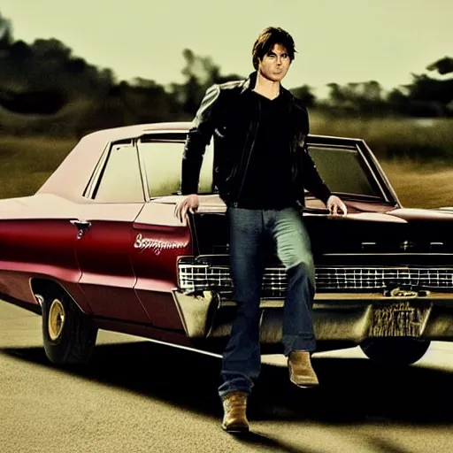Image similar to Ian Somerhalder as Dean Winchester in Supernatural, leaning against a 1967 chevrolet impala at night