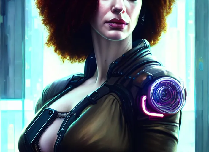 Image similar to portrait shot of a christina hendricks wearing cyberpunk clothing in cyberpunk 2 0 7 7, intricate, elegant, highly detailed, centered, digital painting, artstation, concept art, smooth, sharp focus, illustration, artgerm, tomasz alen kopera, peter mohrbacher, donato giancola, joseph christian leyendecker, wlop, boris vallejo