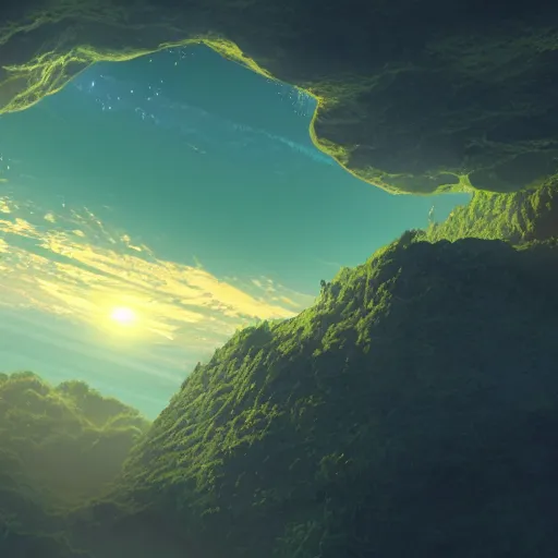 Image similar to a green opaque bubble floating in the center of a sunset cliff, white particles going up inside the bubble, digital concept art, 4 k