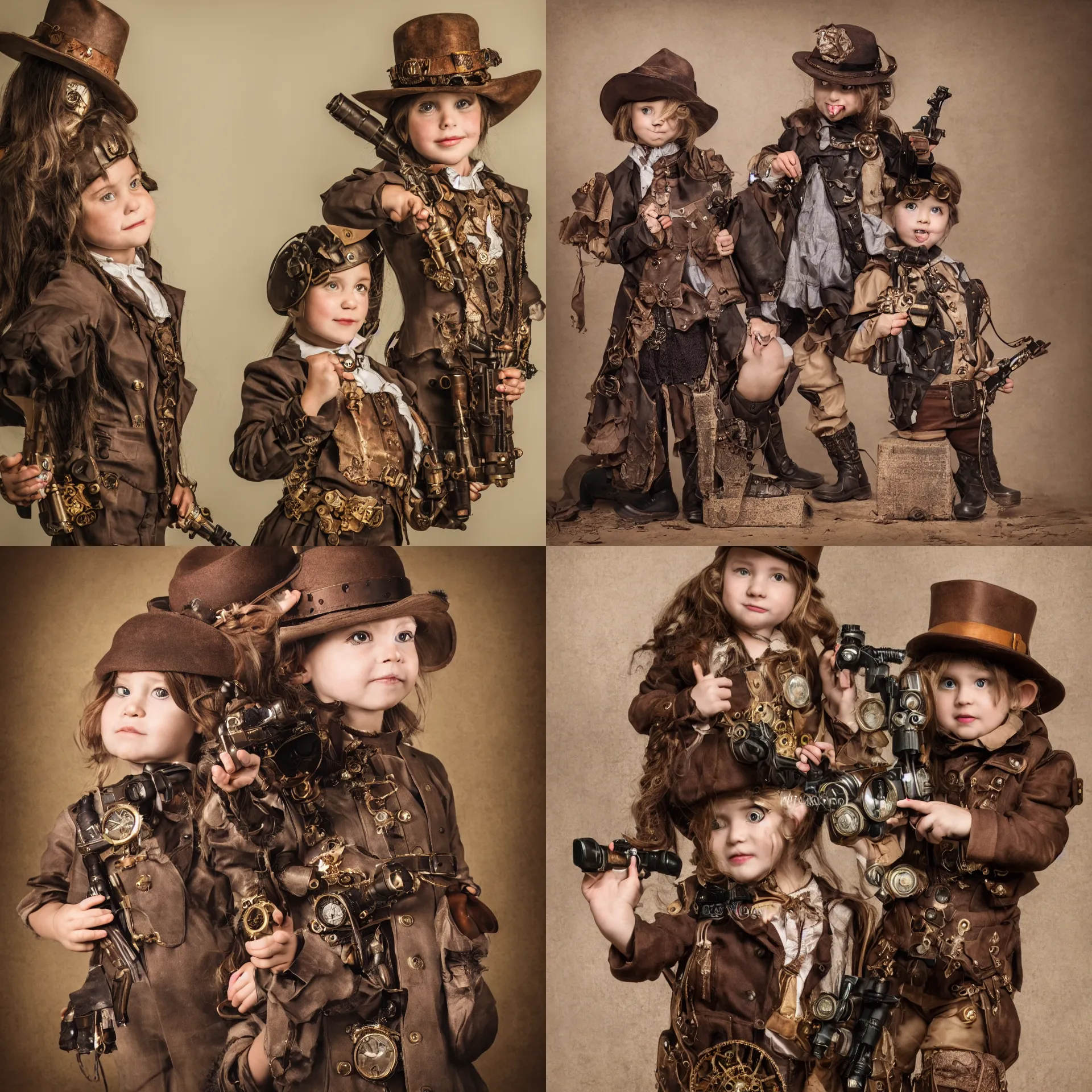 Prompt: little girl in steampunk outfit with a gun, wearing brown boots and a hat, hyper detailed, 4k, photo taken by a nikon