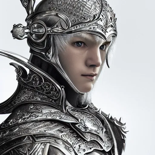 Prompt: studio portrait of albino snow elf archer in an ornate silver armour, handsome, elegant, ultrafine hyperrealistic detailed face illustration by kim jung gi, irakli nadar, intricate linework, sharp focus, bright colors, matte, octopath traveler, final fantasy, unreal engine highly rendered, global illumination, radiant light, intricate environment