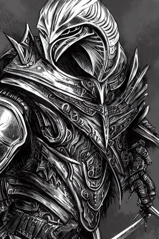 Image similar to armoured warrior, long beak, crows feet, symmetrical, highly detailed, digital art, crow themed armour, sharp focus, trending on art station, kentaro miura manga art style