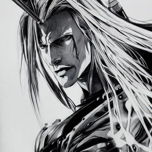 Prompt: cinematic portrait of sephiroth, artwork by yoji shinkawa, illustration, black and white, concept art, strong lines,, intricate details, trending on artstation