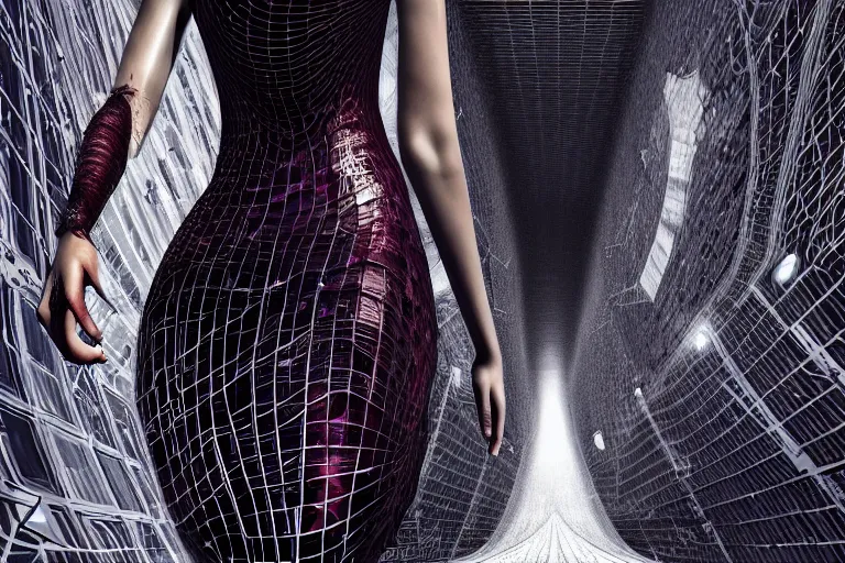 Image similar to space station, walking down the catwalk, stage, podium, vogue, fashion show photo, iris van herpen baroque dress, beautiful woman, perfect body, full body shot, masterpiece, artstation