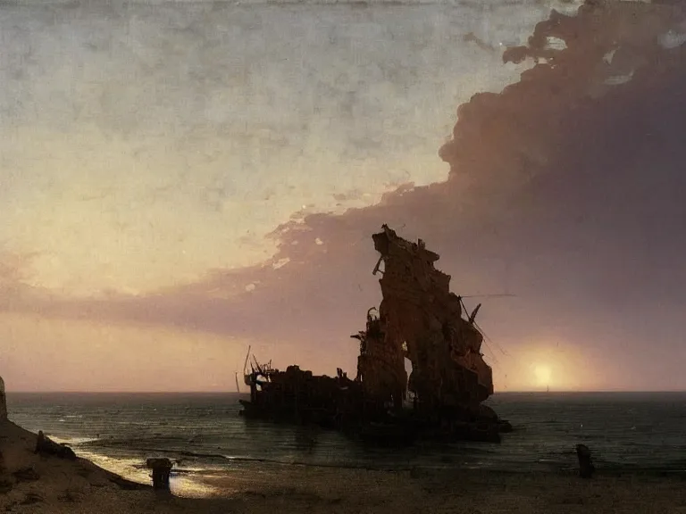 Image similar to an oil painting of a coastline at dawn, with an old shipwreck on a serene beach, beautiful sky by beksinski carl spitzweg and tuomas korpi. baroque elements, full-length view. baroque element. intricate artwork by caravaggio. Trending on artstation. 8k