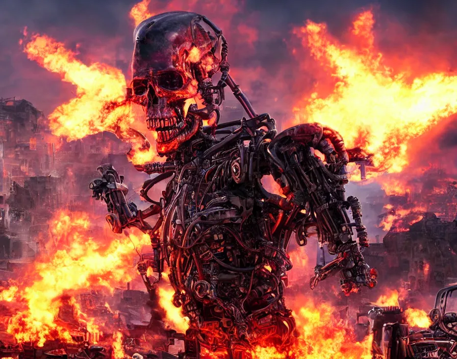 Prompt: terminator with purple flaming skull, destroyed town on background, fantasy artwork, very beautiful scenery, hd, hdr, ue 5, ue 6, unreal engine 5, cinematic 4 k wallpaper, 8 k, ultra detailed, by popular digital, details, beautiful image ever created, high resolution, artstation, award winning