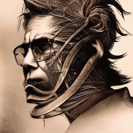 Image similar to Yoshitaka Amano realistic illustration of jeb bush ,hair fluttering in the wind, cracks on his face wearing Elden ring armour with engraving, abstract black and white patterns on the background, noisy film grain effect, highly detailed, Renaissance oil painting, weird portrait angle, blurred lost edges, three quarter view