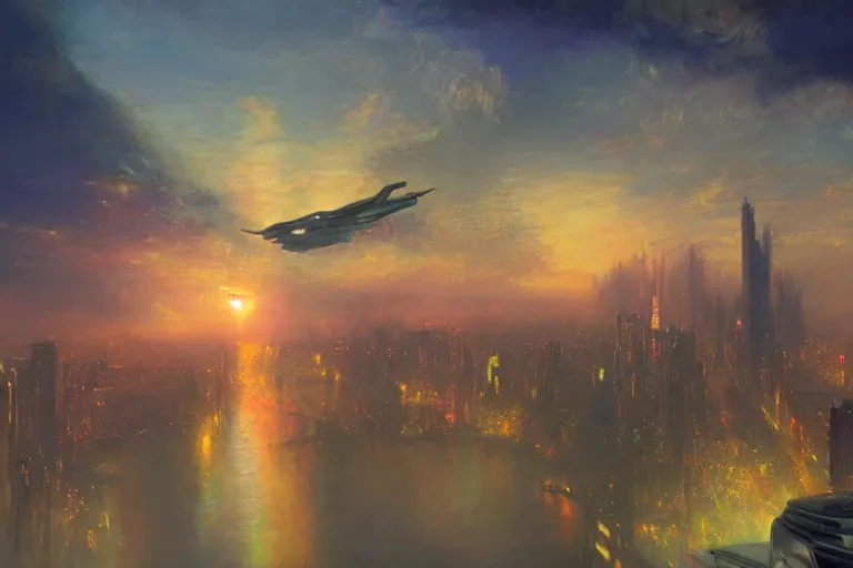 Prompt: Flying cars over Blade Runner City at sunset by Turner and Thomas Cole, neon lights, Impressionism, Romanticism, hyper detailed