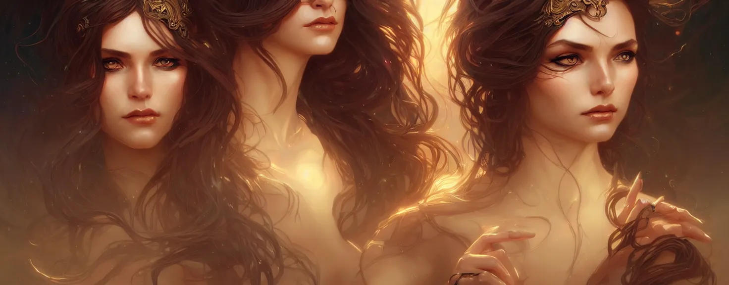 Image similar to fantasy magic woman portrait, sci-fi, amber eyes, face, long hair, fantasy, intricate, elegant, highly detailed, digital painting, artstation, concept art, smooth, sharp focus, illustration, art by artgerm and greg rutkowski and alphonse mucha