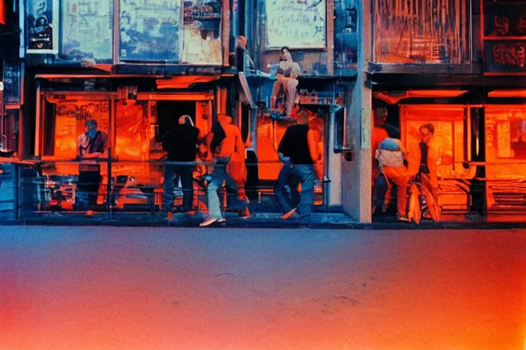 Prompt: outdoorsy guys club likes to look at the exteriors of urban architecture onion column shot by darius khondji wong kar-wai shot on film technicolor night time scenes reflections through windows red and blue lights orange lights busy nightlife in city scene melancholic quality