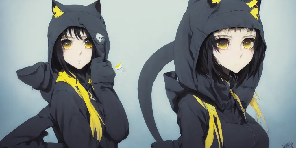 Image similar to yellow eyes, beautiful, anime, cyborg - girl, wearing a cat hoodie, wlop, ilya kuvshinov, artgerm, krenz cushart, greg rutkowski, hiroaki samura, range murata, james jean, katsuhiro otomo, erik jones, serov, surikov, vasnetsov, repin, kramskoi