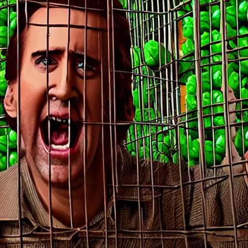 Image similar to nicolas cage trapped in a wicker cage being covered in peas, screaming, movie still, hdr