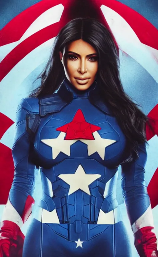 Prompt: Portrait of Kim kardashian as captain america, splash art, movie still, cinematic lighting, dramatic, octane render, long lens, shallow depth of field, bokeh, anamorphic lens flare, 8k, hyper detailed, 35mm film grain