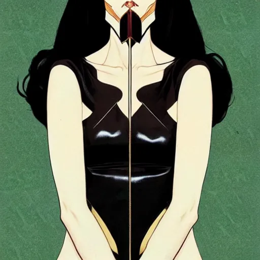 Prompt: Joshua Middleton comic art, wide shot, stunning elegant female Eva Green, spy, kabuki mask, beautiful evil sneer, symmetrical face, symmetrical eyes, leather clothing and boots, long straight green black hair, full body, Midnight pattern