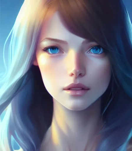 Prompt: beautiful portrait of an insanely gorgeous woman with blue eyes, brown hair and a perfect body, character design by charlie bowater, ross tran, artgerm, and makoto shinkai, detailed, soft lighting, rendered in octane