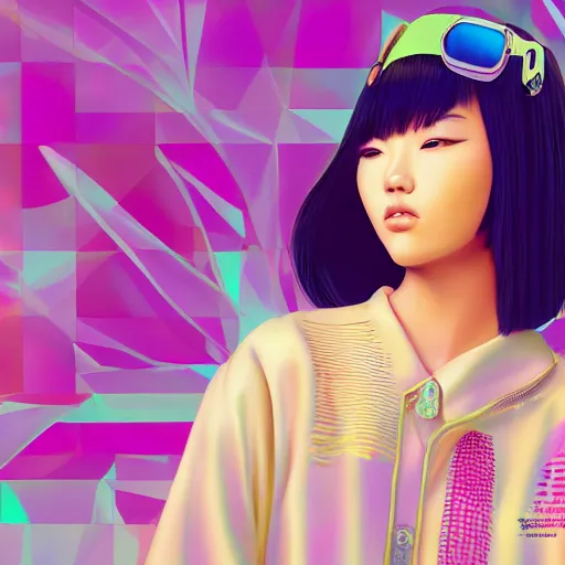 Prompt: a highly detailed and realistic concept art with an Asian female model in a vaporwave artwork composition, Windows98 logo, 8k, intricate, pastel colors