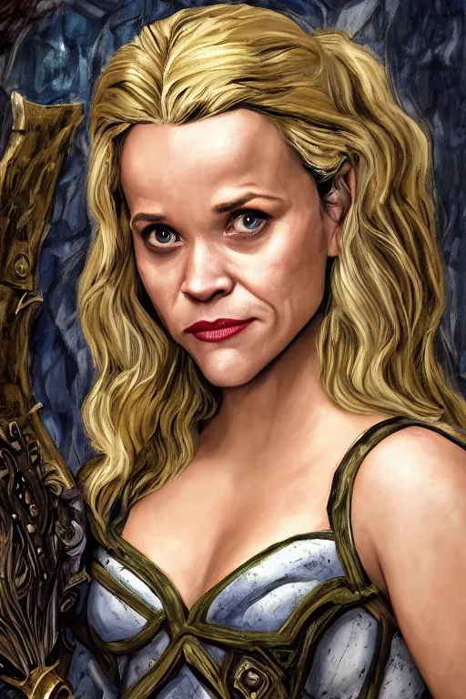 Prompt: A fantasy comic book style portrait painting of, hybrid of Reese Witherspoon, Rachel McAdams, as an Atlantean, Reptilian Warrior, Mystical Valkyrie, Armor, Sword, Spear, Sheild, François Boucher, Oil Painting, unreal 5, DAZ, hype realistic, octane render, Regal, Refined, Coherent, Detailed Digital Art, RPG portrait, William-Adolphe Bouguereau, Michael Cheval, Walt Disney (1937), Steampunk, golden dappled lighting, dynamic lighting, Highly Detailed, Cinematic Lighting, Unreal Engine, 8k, HD