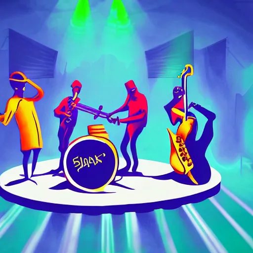 Image similar to a guitar player, saxaphone player, drummer, and a keyboard player on stage with professional lighting. funk band. jazz. party. fun. abstract. oil paint. volumetric lighting. digital image. highly saturated. whimsical. digital art, octane, ue 5, 8 k, 4 k, hq, concept art