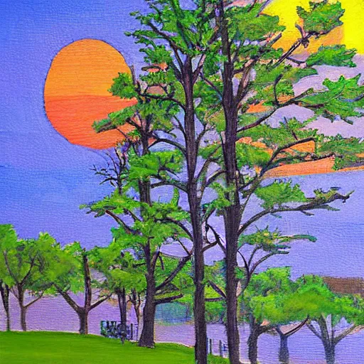 Image similar to pittsburgh, distant, sunset, trees, looking down, art by tom hammick