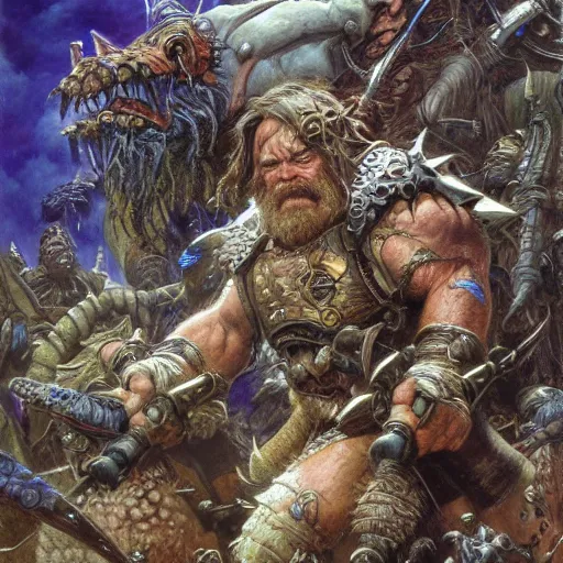 Prompt: art by donato giancola and bayard wu and gustav moreau and wayne barlowe, a fantasy cinematic close up shot of a dwarf berserker, fighting a horde of rats, warhammer, dnd, fighting monsters,