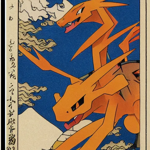 Prompt: pokemon card of charizard, as originally printed by hokusai