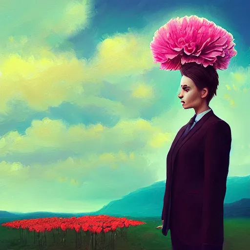 Image similar to giant carnation flower head, frontal, girl in a suit, surreal photography, sunrise, dramatic light, impressionist painting, digital painting, artstation, simon stalenhag