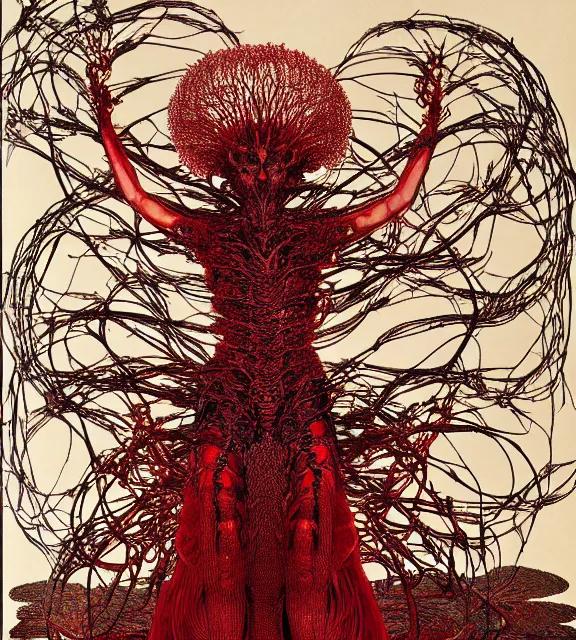 Prompt: still frame from Prometheus harvest goddess cyborg in crimson filament mycelium dressed by Neri Oxman and alexander mcqueen metal couture haute couture editorial by utagawa kuniyoshi by giger