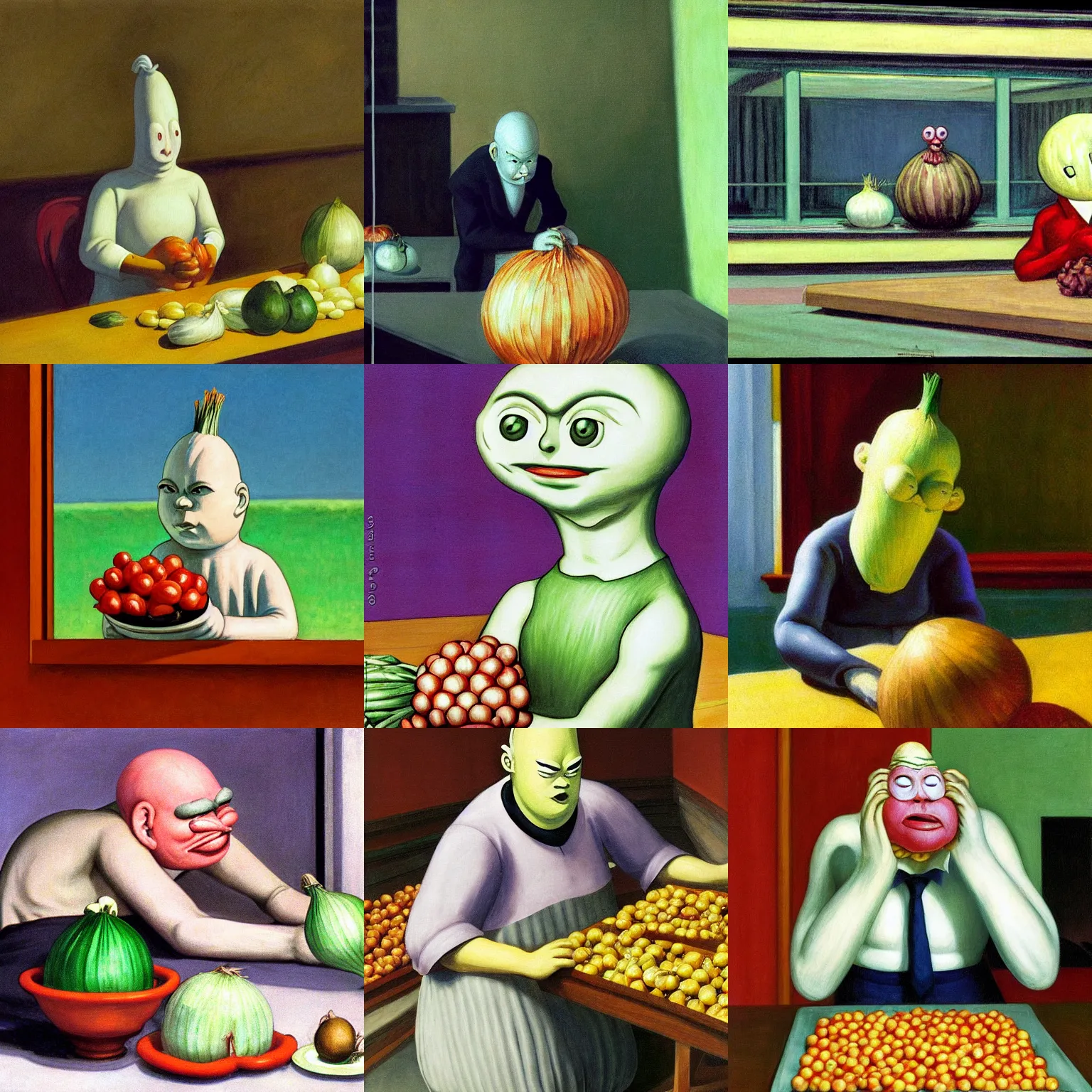 Prompt: onion man grimaces by Edward Hopper, surrounded by onions, coloring by Yoshitaka Amano