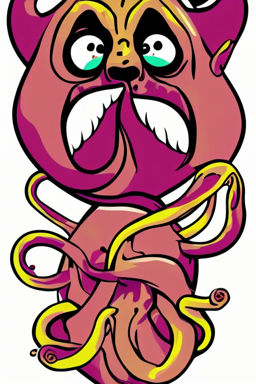 Image similar to Pug with tentacles, the devil, sticker, blood thirsty, spawn of Satan, burning in hell, blood, evil, colorful, illustration, highly detailed, simple, smooth and clean vector curves, no jagged lines, vector art, smooth