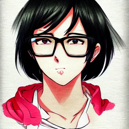 Prompt: full upper-body portrait of a beautiful anime girl with short black hair and glasses, attractive character, colored sketch anime manga panel, trending on Pixiv