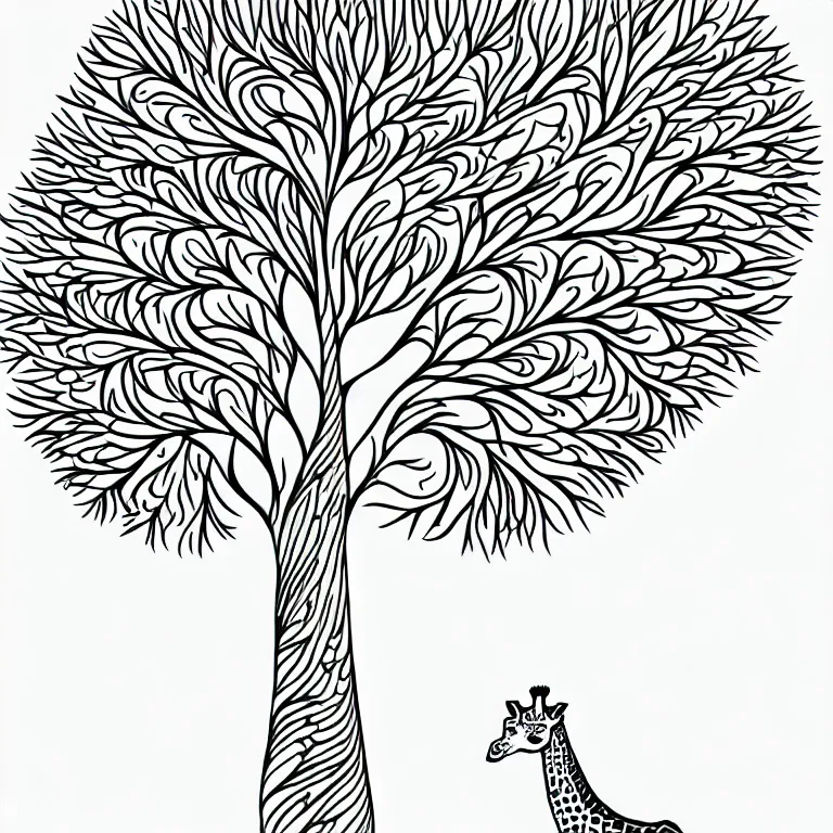 Prompt: giraffe leafs tree ornate luxury fractal ink drawing line art colouring page, vector, margins, fine lines