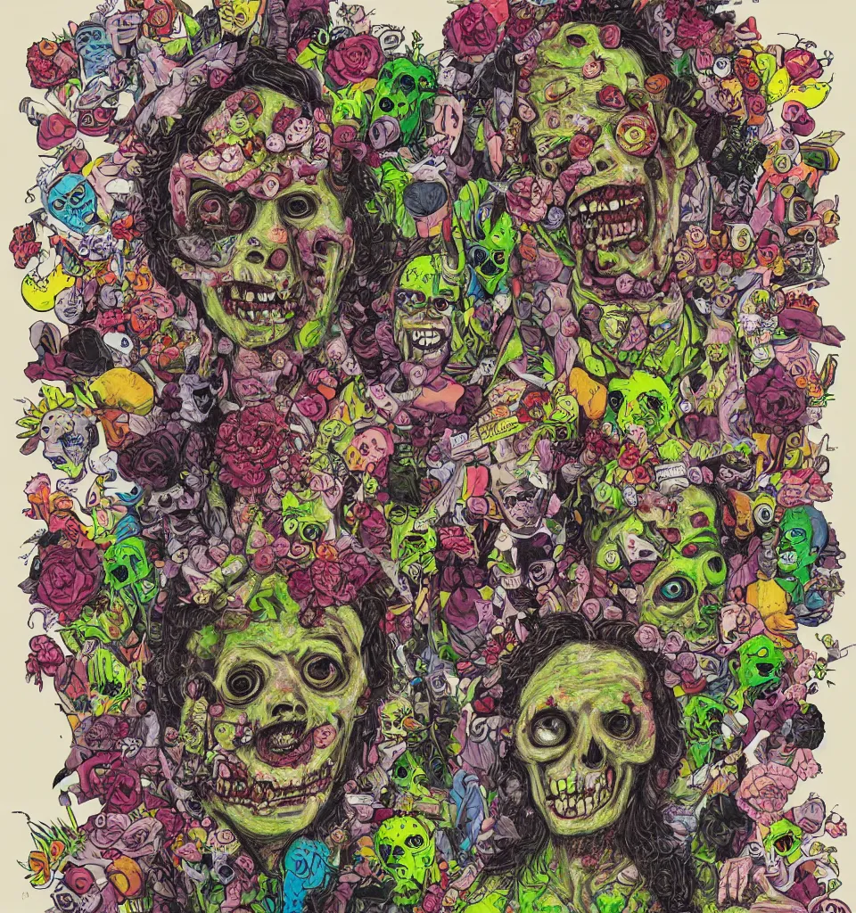 Image similar to portrait of a zombie punk rock band, t - shirt, ripped jeans, head made of fruit gems and flowers in the style of arcimboldo, basil wolverton, james jean, cartoonish graphic style, street art, silkscreen pop art, punk graphics, photocopy