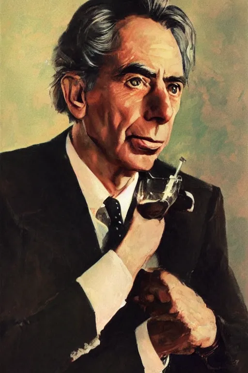 Image similar to “portrait of Bertrand Russell as James Bond, by Robert McGinnis”