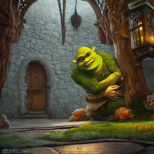 Prompt: Shrek's Ogre House, cinematic lighting, intricate, elegant, highly detailed, digital painting, artstation, smooth, sharp focus, illustration, art