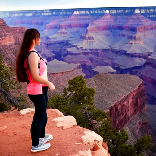 Image similar to a photo of a young woman with long pink hair looking at grand canyon, hiking clothes, tank top, backpack, arizona, grand canyon in background, cinematic, beautiful, stunning, morning, epic, 8 k