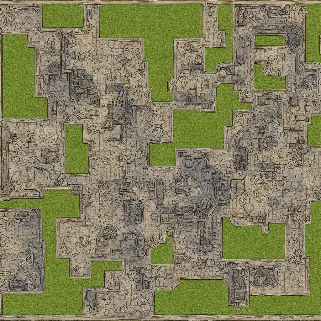 Prompt: tabletop rpg battlemap, castle floorplan, top down grid, high detail, architectural, full color, flat light, spiral stairs, gate, narrow windows