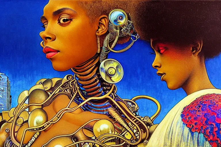 Prompt: realistic extremely detailed closeup portrait painting of a beautiful black woman in a dress with a robot, city street on background by Jean Delville, Amano, Yves Tanguy, Ilya Repin, Alphonse Mucha, William Holman Hunt, Ernst Haeckel, Edward Robert Hughes, Roger Dean, rich moody colours