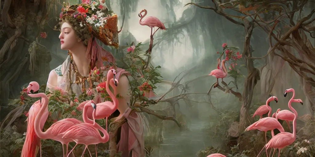 Prompt: breathtaking detailed concept art painting of the goddess of flamingo, orthodox saint, with anxious, piercing eyes, clean background, amalgamation of leaves and flowers, by Hsiao-Ron Cheng and John James Audubon, extremely moody lighting, 8K