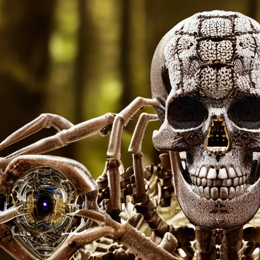 Image similar to very detailed portrait 55mm photo of a mechanical skeleton with crystal innards and optic fiber nerves, gears in his head and cybernetic enhancements in it's skull. In the forest with bokeh.