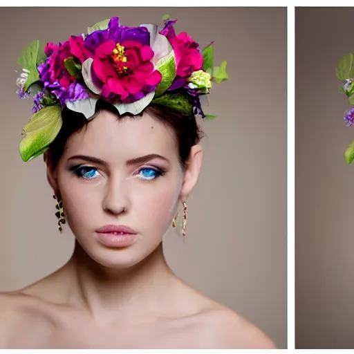 Prompt: a beautiful portrait of a female model with flower headpiece for photoshoot, photography