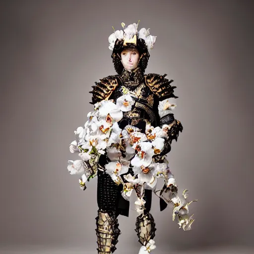 Prompt: a portrait of a beautiful young male wearing an alexander mcqueen armor made of orchids , photographed by andrew thomas huang, artistic