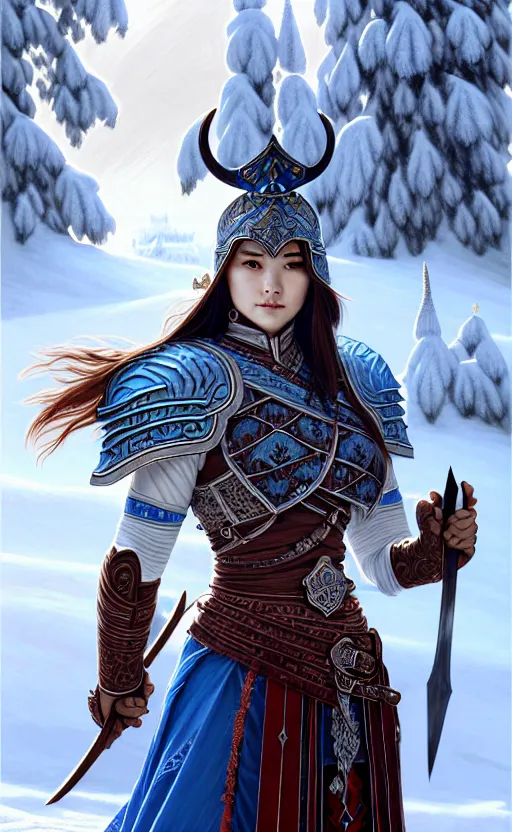 Image similar to azure viking warrior, regal, elegant, winter, snow, beautiful, stunning, hd, illustration, epic, d & d, fantasy, intricate, elegant, highly detailed, wide angle, digital painting, artstation, concept art, smooth, sharp focus, illustration, wallpaper, art by artgerm and greg rutkowski and alphonse mucha and jin xiaodi