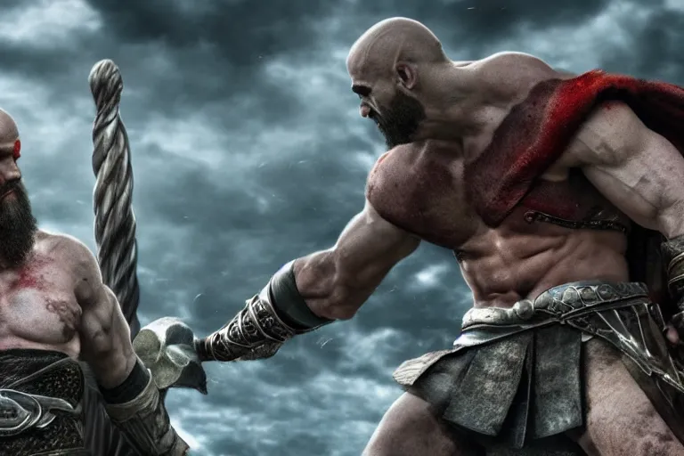 Image similar to Kratos fighting People in Asgard, wide angle shot, cinematic, depth of field