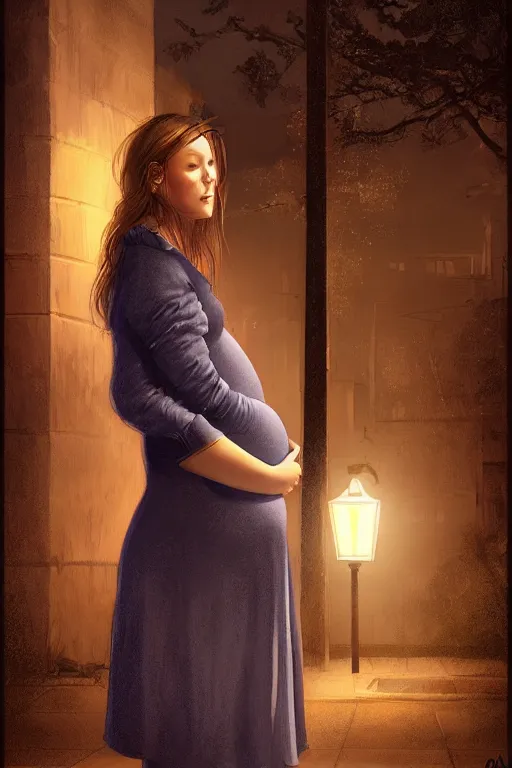 Prompt: pregnant woman under street light, highly detailed, sharp focused, ultra realistic digital concept art by Greg Olson